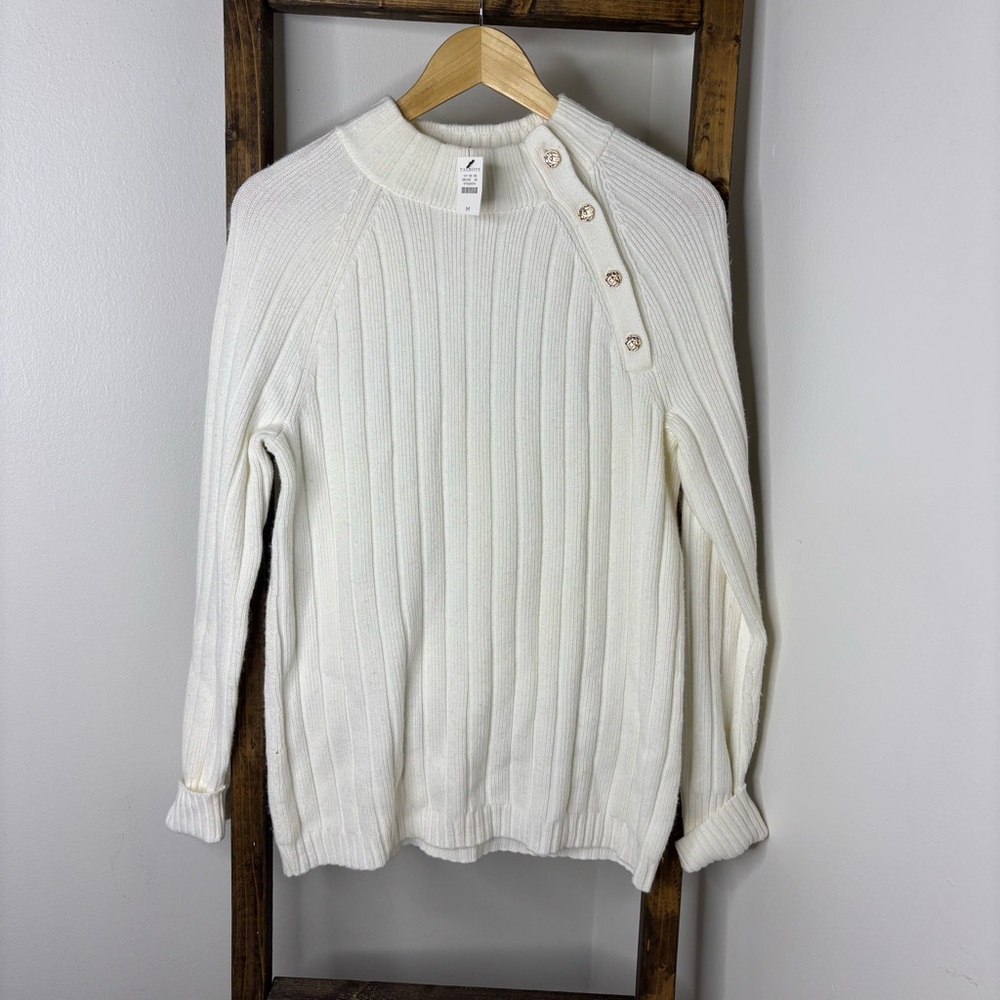 Talbots Ribbed Button Mockneck Cream Button-Detail Women's Sweater M